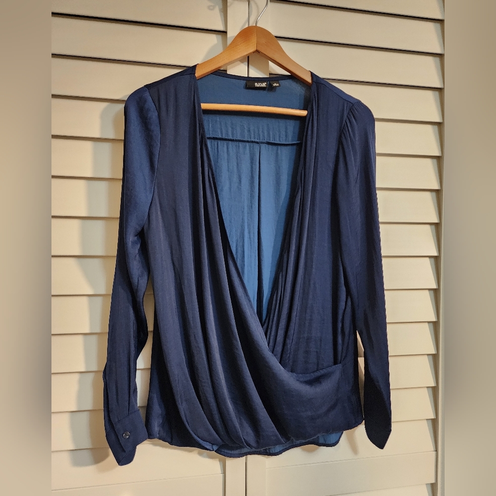 Elegant Navy Blue Drape Top Silky Satiny Blend Size Large